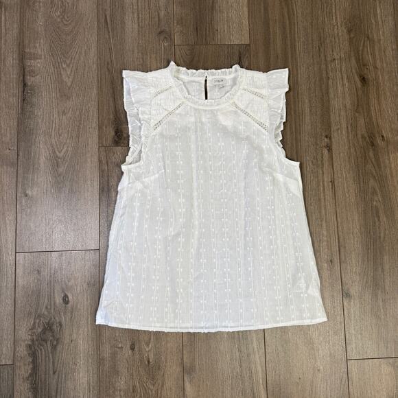 J.Crew Flutter Sleeve Cotton Clip-Dot Top WMNS M White Ruffled Semi-Sheer Blouse - Picture 4 of 8